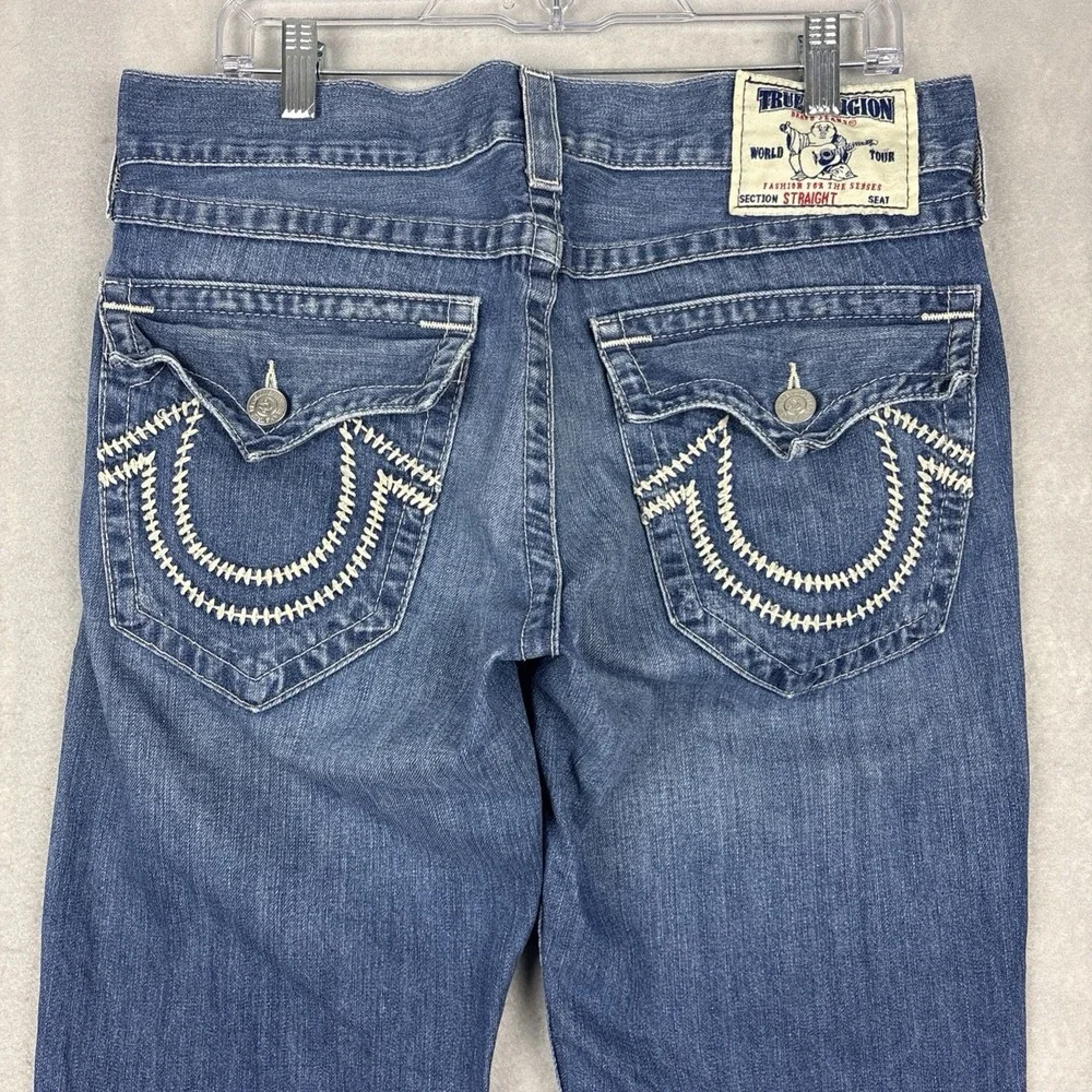 True Religion Straight Jeans Men’s 32x32 Blue Super T Flap Pockets Embroidered
